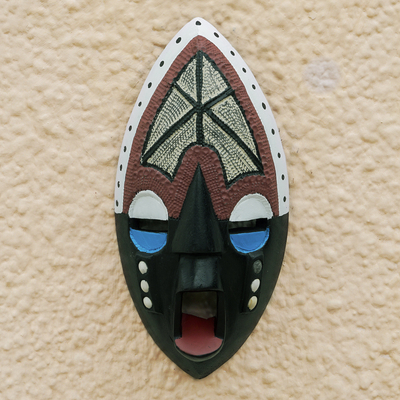 African wood mask, 'Adame Peace' - African Sese Wood Wall Mask with aluminium Plating