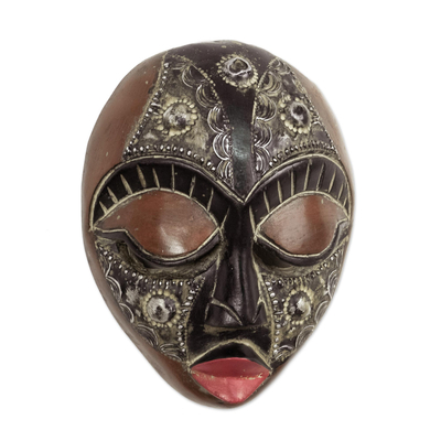 African wood mask, 'My Queen' - Sese Wood and Aluminum-Plated Mask from Ghana