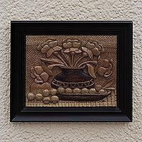 Mahogany wood relief panel, 'Kitchen Table' - Mahogany Wood Still Life Relief Panel