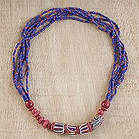 Umweltfreundliche Halskette mit Perlenanhänger, „Blast-Off“ – Umweltfreundliche blaue und rote Perlenkette
