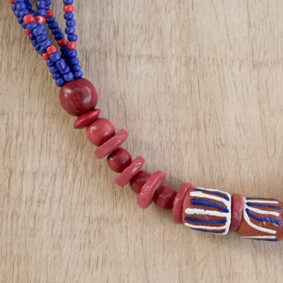 Eco-friendly beaded pendant necklace, 'Blast-Off' - Eco-Friendly Blue and Red Beaded Necklace