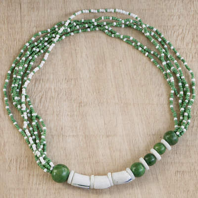 Eco-friendly beaded pendant necklace, 'Ground Swell' - Eco-Friendly Green and White Beaded Pendant Necklace