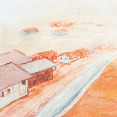 Dorf Nsawam'. - Signiertes ungestrecktes Acrylgemälde von Nsawam in warmen Farbtönen