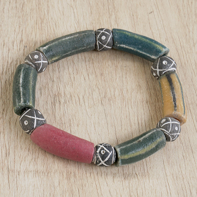 Eco-friendly ceramic beaded stretch bracelet, 'colour Spark' - Eco-Friendly Ceramic Beaded Bracelet from Ghana