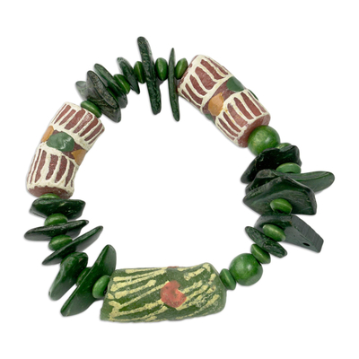 Eco-friendly beaded stretch bracelet, 'Green Thumb' - Green Eco-Friendly Beaded Bracelet from Ghana