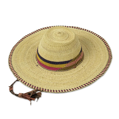 Leather-accented raffia sun hat, 'Shady Lane' - Woven Raffia Sun Hat from West Africa