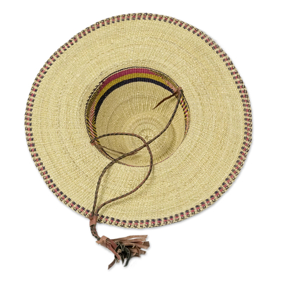 Sombrero de rafia con detalles en cuero, 'Shady Lane' - Sombrero de rafia tejido de África Occidental