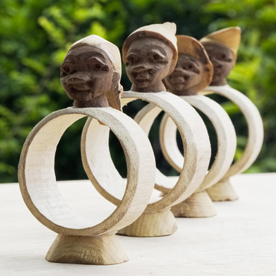 Wood napkin rings, 'Hatted Family' (set of 4) - Hand Carved Sese Wood Napkin Rings (4 Set)