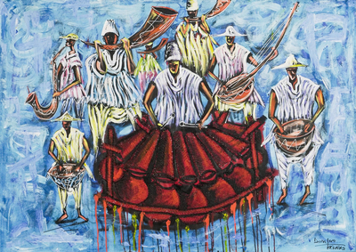 'Traditional Music' - Music-Themed Painting on Canvas from Ghana