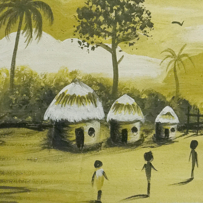 Zurück in den Wäldern – Acryl auf Leinwand, das ein ländliches westafrikanisches Dorf darstellt