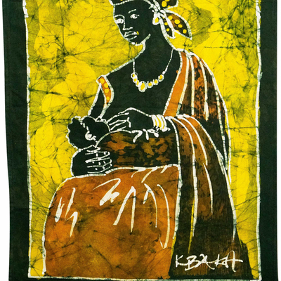 Cotton batik wall hanging, 'Baby, Don't Cry' - Mother and Child Batik Wall Hanging