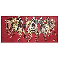 'Horseback Riders' - Horizontal Horse Riding Painting from Ghana