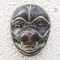 African wood mask, 'Grinning Wild Cat' - Hand Carved Wood Tiger Mask from West Africa