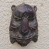 Máscara de madera africana - Máscara de gato salvaje de madera de sésé tallada artesanalmente de Ghana