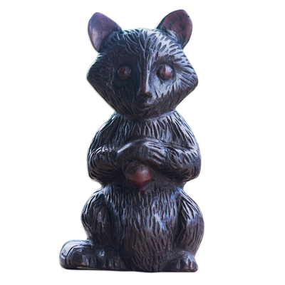 Wood sculpture, 'Cunning Master' - Handcrafted Sese Wood Raccoon Sculpture in a Dark Palette