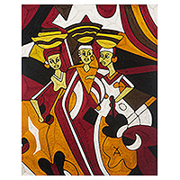 Arte de pared de hilo de seda - Cuadro de seda hecho a mano con escena tradicional en tonos cálidos