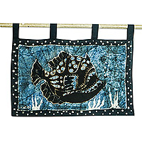 Batik cotton wall hanging, 'Eruafua III' - Fish-Themed Light Blue and Black Batik Cotton Wall Hanging