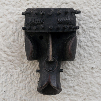 African wood mask, 'Dogon Celebration' - Hand Carved Sese Wood Wall Mask