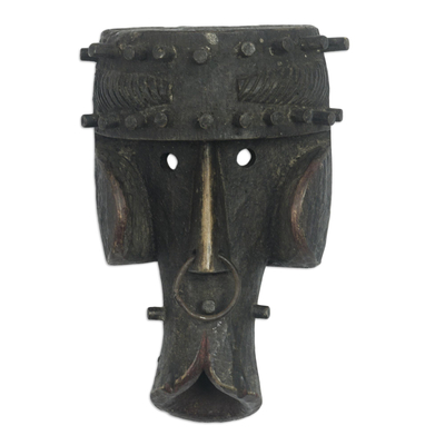 African wood mask, 'Dogon Celebration' - Hand Carved Sese Wood Wall Mask