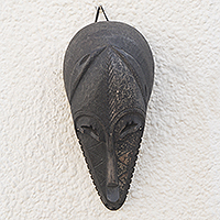 African wood mask, 'Heaume' - Handcrafted Sese Wood African Wall Mask