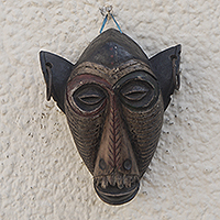 Máscara de madera africana, 'Monkey Shines' - Sese Wood Monkey Wall Mask