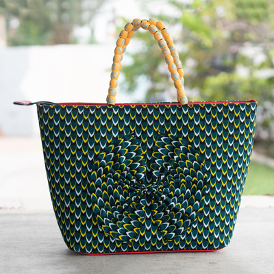 Cotton tote bag, 'Virtuous Woman' - Cotton Tote Bag with Beaded Straps from Ghana