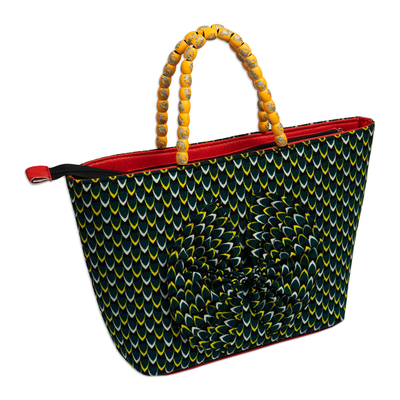 Cotton Tote Bag with Beaded Straps from Ghana