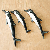 Wood wall sculptures, 'Pod' (set of 6) - Hand Painted Wood Dolphin Wall Accents (Set of 6)