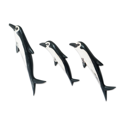 Wood wall sculptures, 'Pod' (set of 6) - Hand Painted Wood Dolphin Wall Accents (Set of 6)