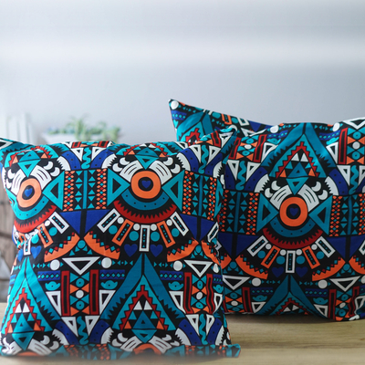 Cotton cushion covers, 'Teal Heritage' (pair) - Pair of Geometric-Patterned Teal Cotton Cushion Covers