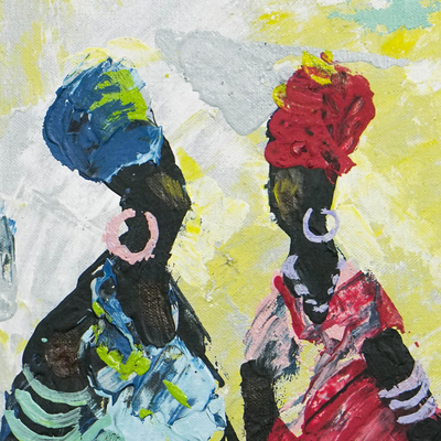 'Twin Sisters' - Multicoloured Portrait Painting from Ghana