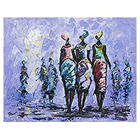 'Mujeres en una expedición' - Pintura africana original firmada sobre lienzo