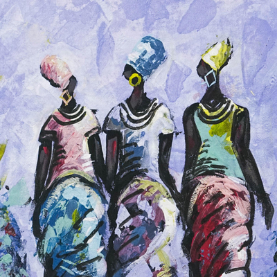 'Mujeres en una expedición' - Pintura africana original firmada sobre lienzo