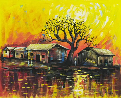 'Reflejos amarillos' - Pintura original de la escena del pueblo de África occidental