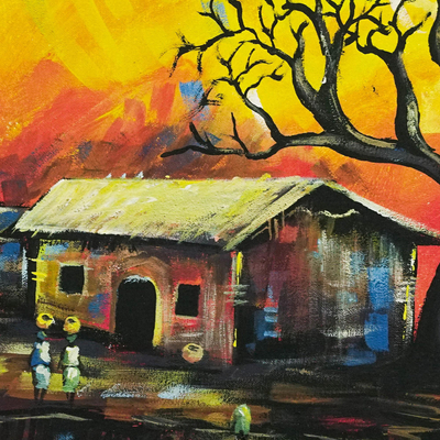 'Yellow Reflections' - Original West African Village Scene Painting