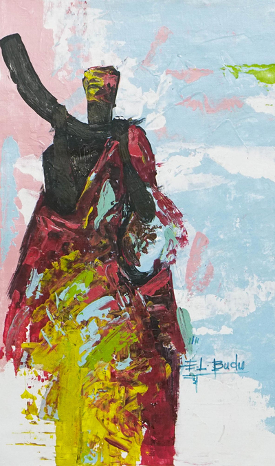 'Sonidos culturales' - Pintura original de un soplador de cuerno africano