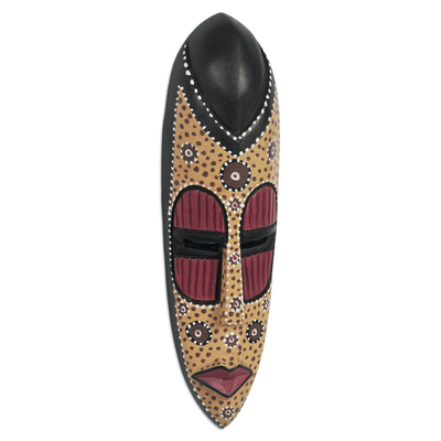 African wood mask, 'Ewe Dots' - Handcrafted African Sese Wood Mask with Dot Pattern
