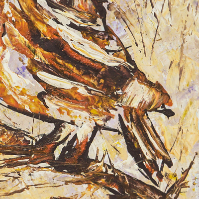 'Save the Wild Bird (Standing)' - Pintura acrílica sobre lienzo de pájaro marrón