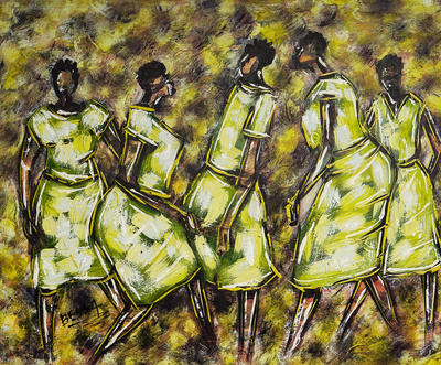 Vibes – Original expressionistische Gemälde von afrikanischen Mädchen beim Spielen