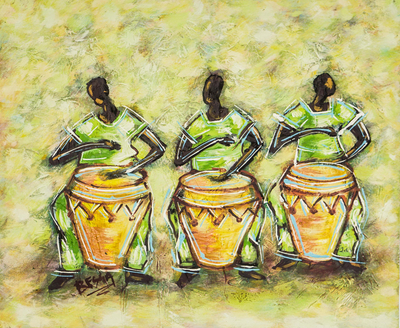 'Kpalogo Drummers I' - Pintura africana original de 3 bateristas de Kpalogo de Ghana