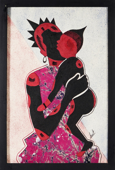 Batik cotton wall art, 'Play Time' - Mother and Child Batik Cotton Collage from West Africa