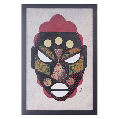 Batik cotton wall art, 'Sunrise Mask' - African Mask Batik Cotton Collage from West Africa