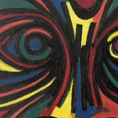 'Maraca' - Acryl auf Hartfaserplatte Mehrfarbige kubistische Malerei aus Ghana