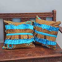 Cotton cushion covers, 'Palatial Serenity' (pair) - Brown and Cyan Cotton Cushion Covers with Pleats (Pair)