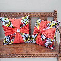 Cotton cushion covers, 'Love will Never Lie' (pair) - 2 Bow Cotton and Silk Cushion Covers Handmade in Ghana