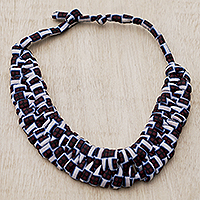 Cotton collar necklace, 'Fine Life' - Burgundy Black and White Cotton Collar Necklace from Ghana