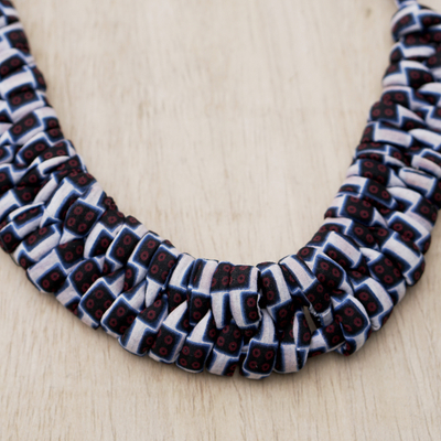 Cotton collar necklace, 'Fine Life' - Burgundy Black and White Cotton Collar Necklace from Ghana