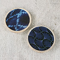 Wood and cotton coasters, 'Stand By Me in Blue' (pair) - Cotton and Wood Coasters from Ghana (Pair)