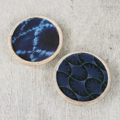 Wood and cotton coasters, 'Stand By Me in Blue' (pair) - Cotton and Wood Coasters from Ghana (Pair)