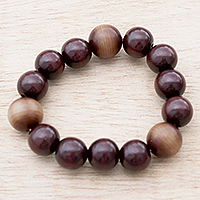 Glass and wood beaded stretch bracelet, 'Brick Orbs' - Recycled Glass Beaded Stretch Bracelet with Wood Beads